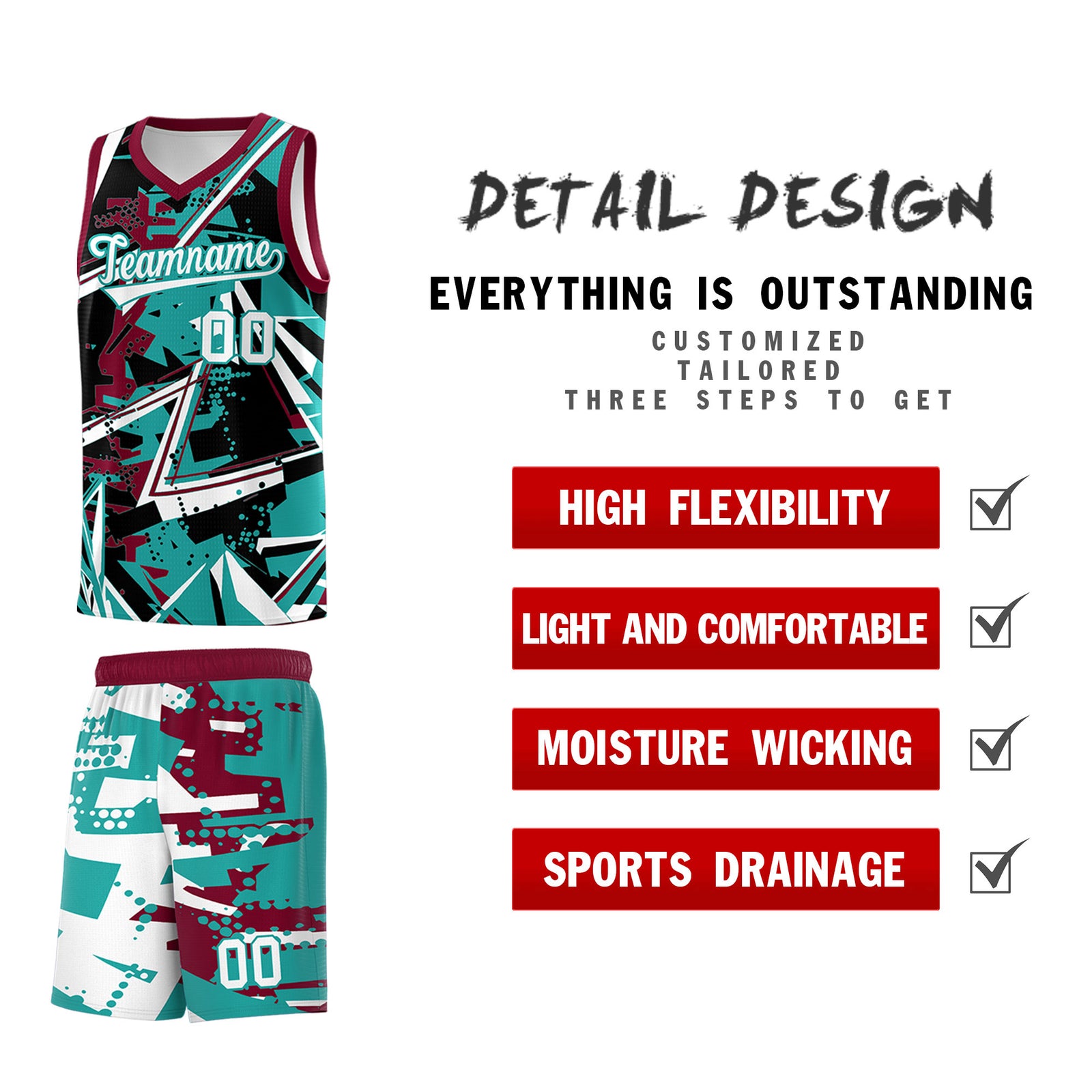 Custom Youth Basketball Jerseys Teal Crimson Abstract Graffiti Personalized Team Name & Number