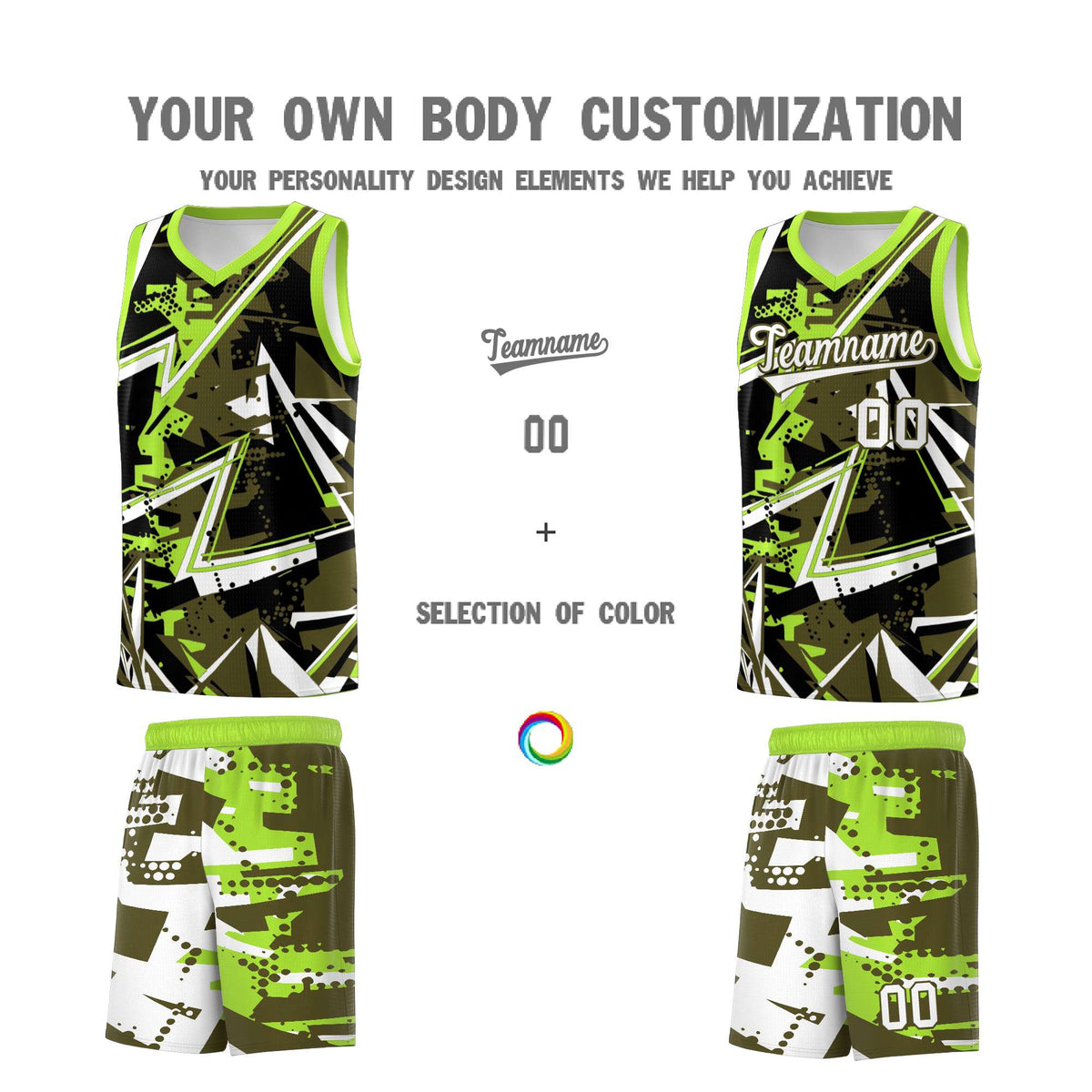 Custom Youth Basketball Jerseys Olive Neon Green Abstract Graffiti Personalized Street Style Uniform