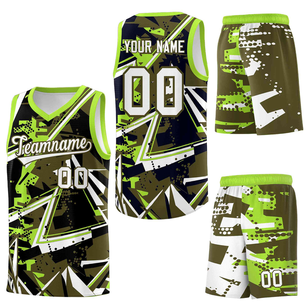 Custom Youth Basketball Jerseys Olive Neon Green Abstract Graffiti Personalized Street Style Uniform
