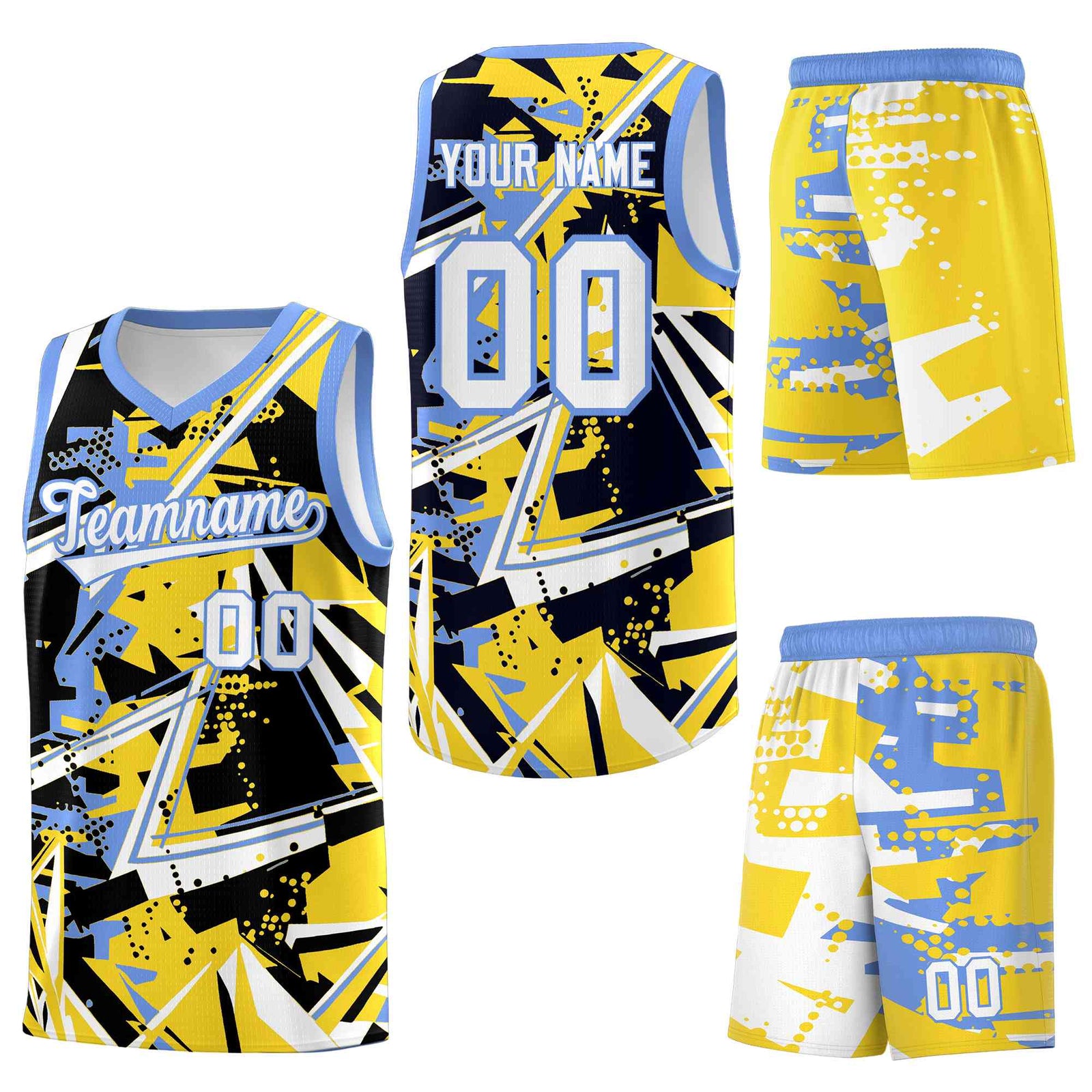 Custom Youth Basketball Jerseys Gold Light Blue Abstract Graffiti Urban Style Personalized Uniform