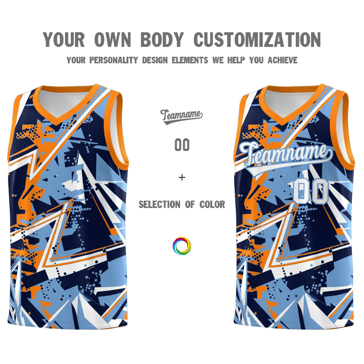 Custom Youth Basketball Jerseys Powder Blue Orange Abstract Graffiti Personalized Team Name & Number