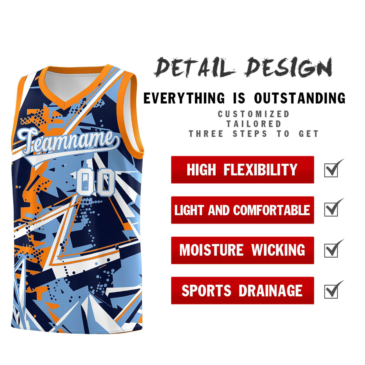 Custom Youth Basketball Jerseys Powder Blue Orange Abstract Graffiti Personalized Team Name & Number