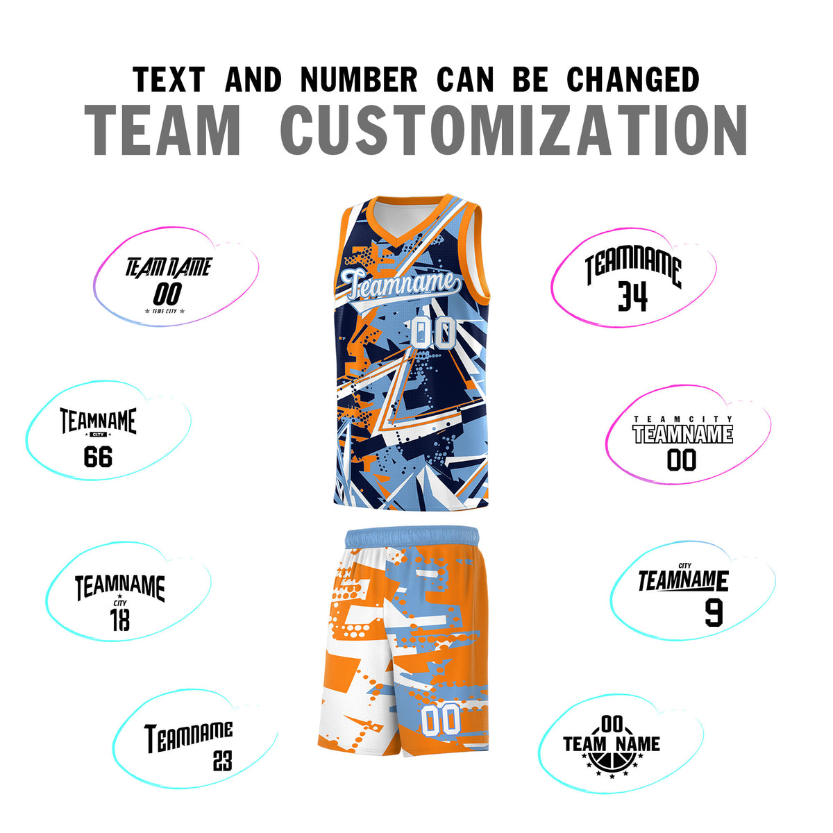 Custom Youth Basketball Jerseys Powder Blue Orange Abstract Graffiti Personalized Team Name & Number