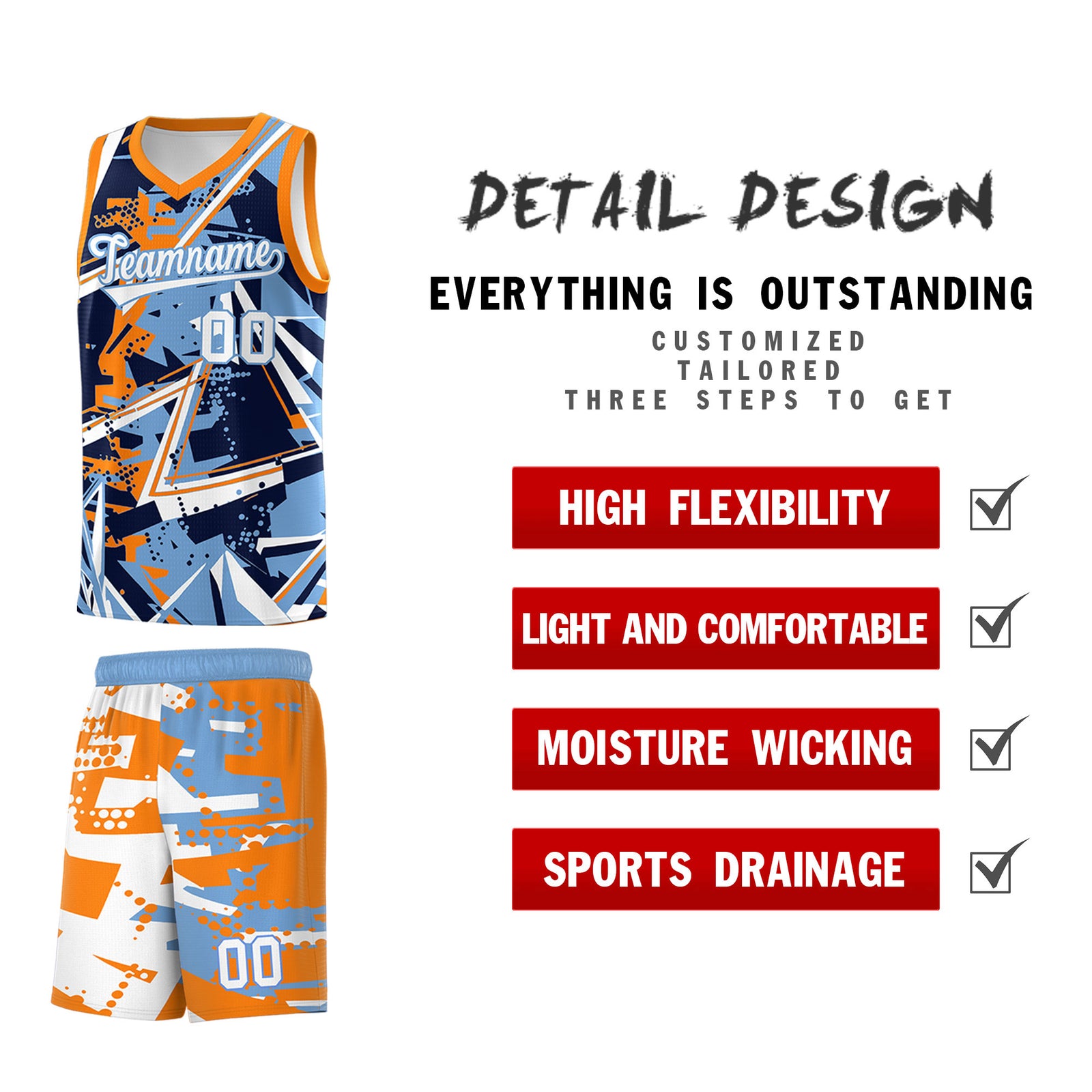 Custom Youth Basketball Jerseys Powder Blue Orange Abstract Graffiti Personalized Team Name & Number