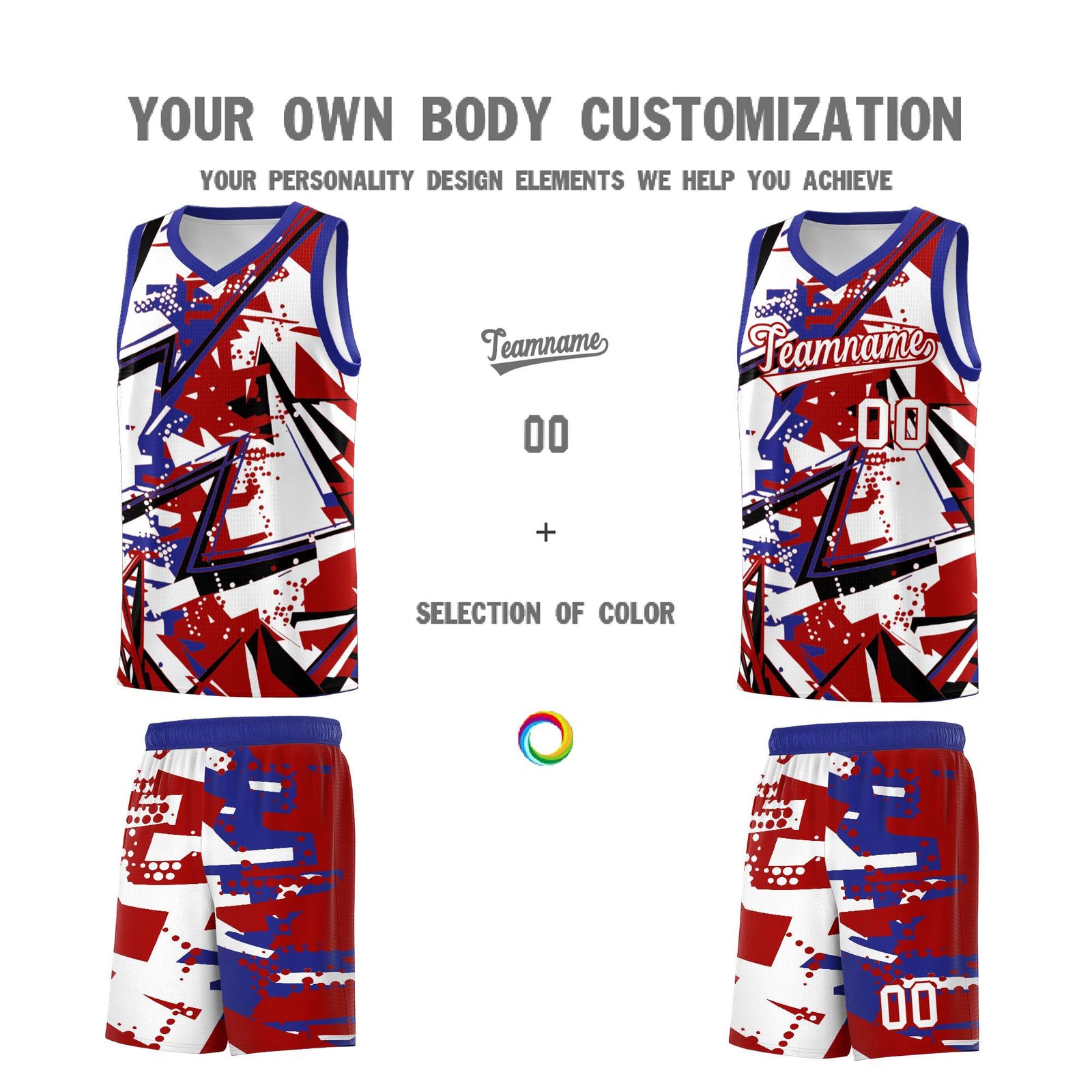 Custom Youth Basketball Jerseys Red Royal Abstract Graffiti Personalized Street Style Uniform