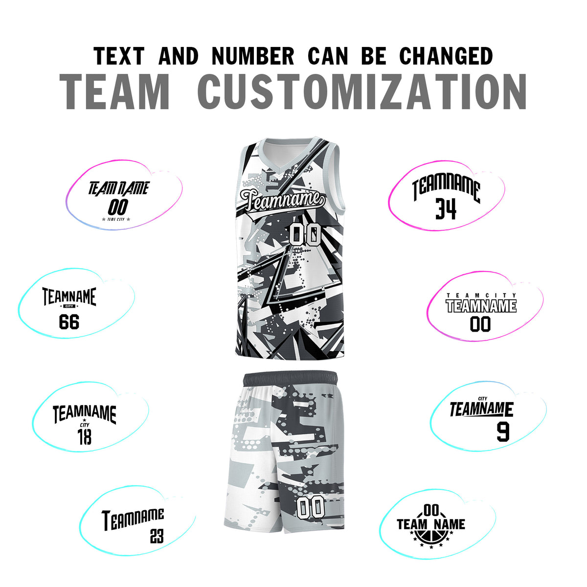 Custom Youth Basketball Jerseys Gray Silver Abstract Graffiti Personalized Team Name & Number