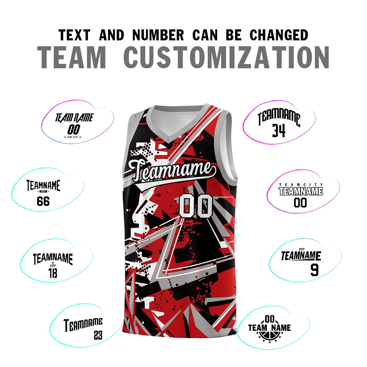 Custom Youth Basketball Jerseys Red Gray Abstract Graffiti Personalized Team Name & Number