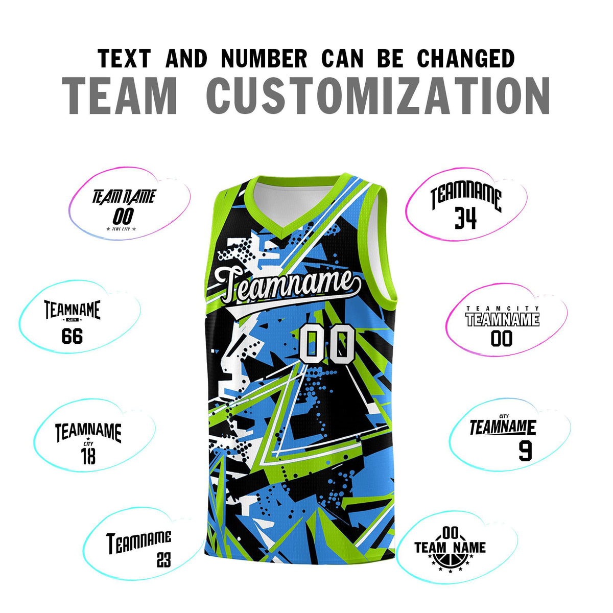 Custom Youth Basketball Jerseys Light Blue Neon Green Abstract Graffiti Personalized Street Style Uniform