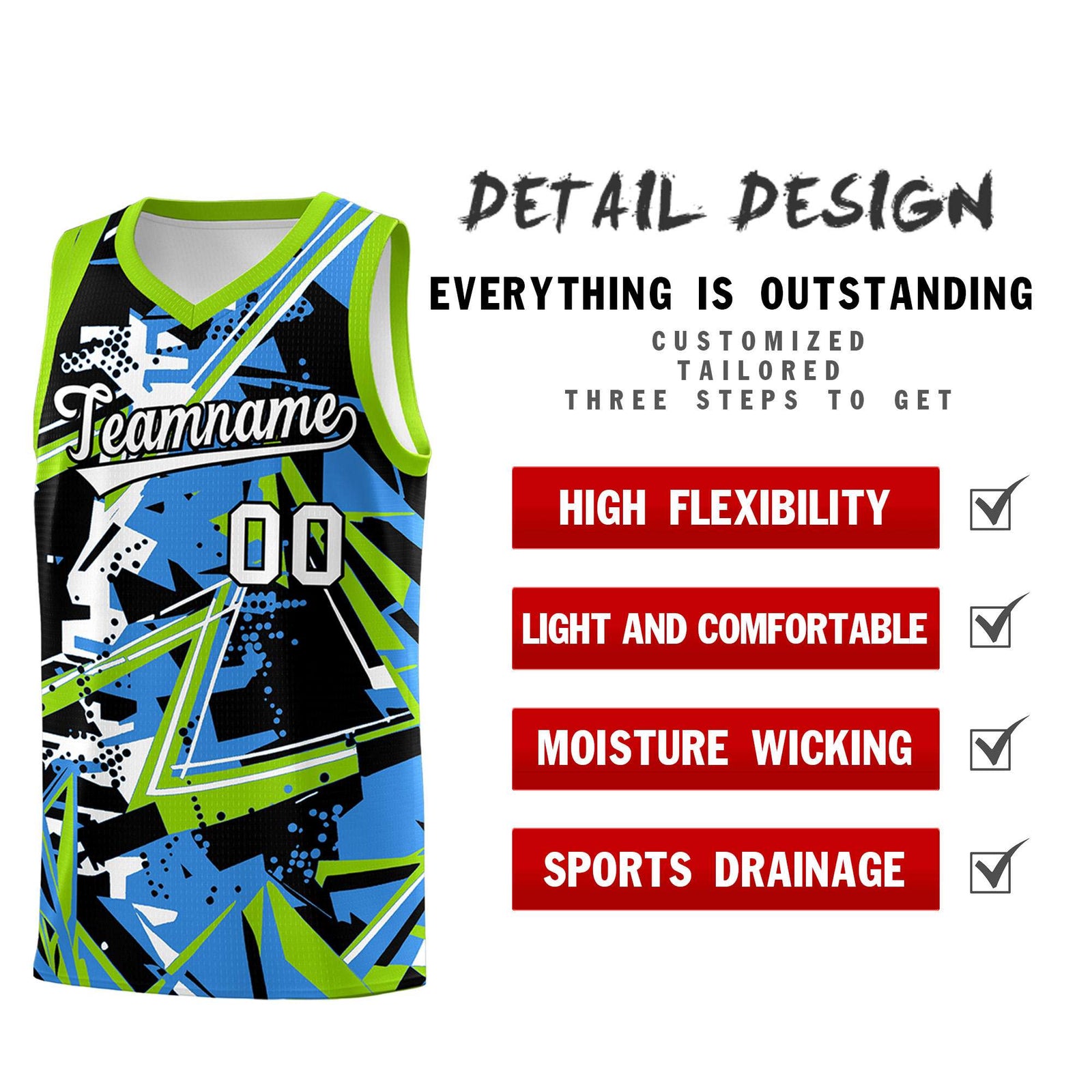 Custom Youth Basketball Jerseys Light Blue Neon Green Abstract Graffiti Personalized Street Style Uniform
