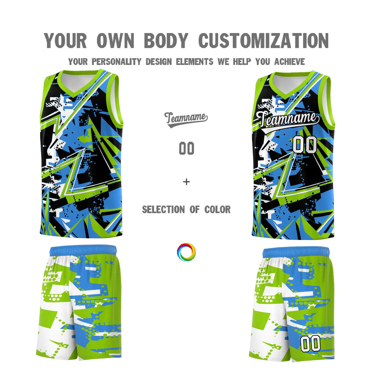 Custom Youth Basketball Jerseys Light Blue Neon Green Abstract Graffiti Personalized Street Style Uniform