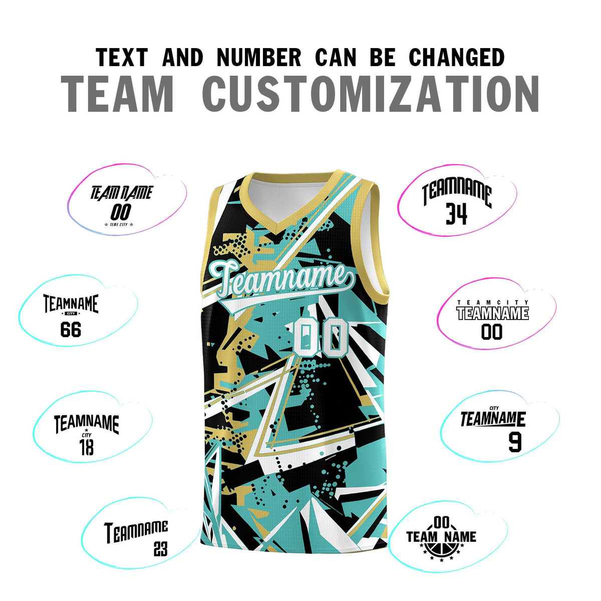 Custom Youth Basketball Jerseys Teal Old Gold Abstract Graffiti Personalized Street Style Uniform