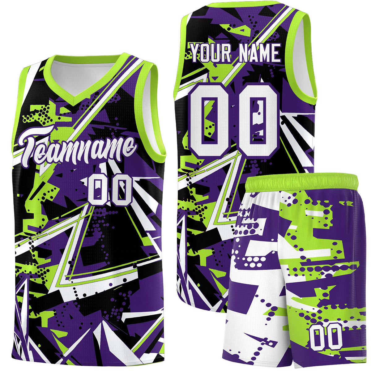 Custom Youth Basketball Jerseys Purple Neon Green Abstract Graffiti Personalized Team Name & Number