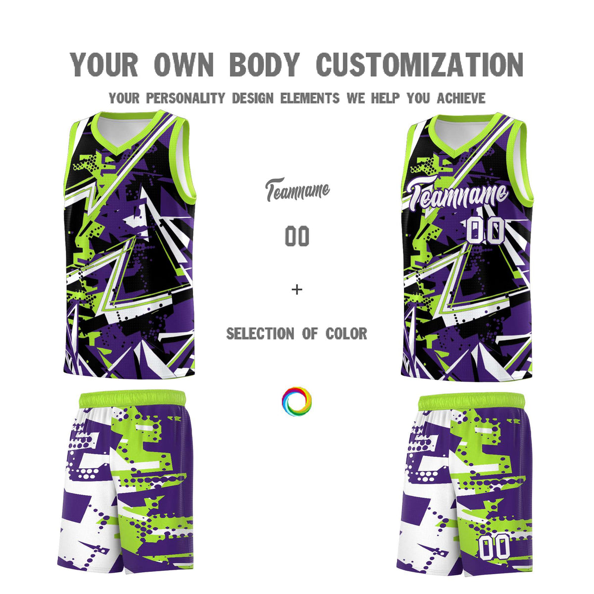 Custom Youth Basketball Jerseys Purple Neon Green Abstract Graffiti Personalized Team Name & Number