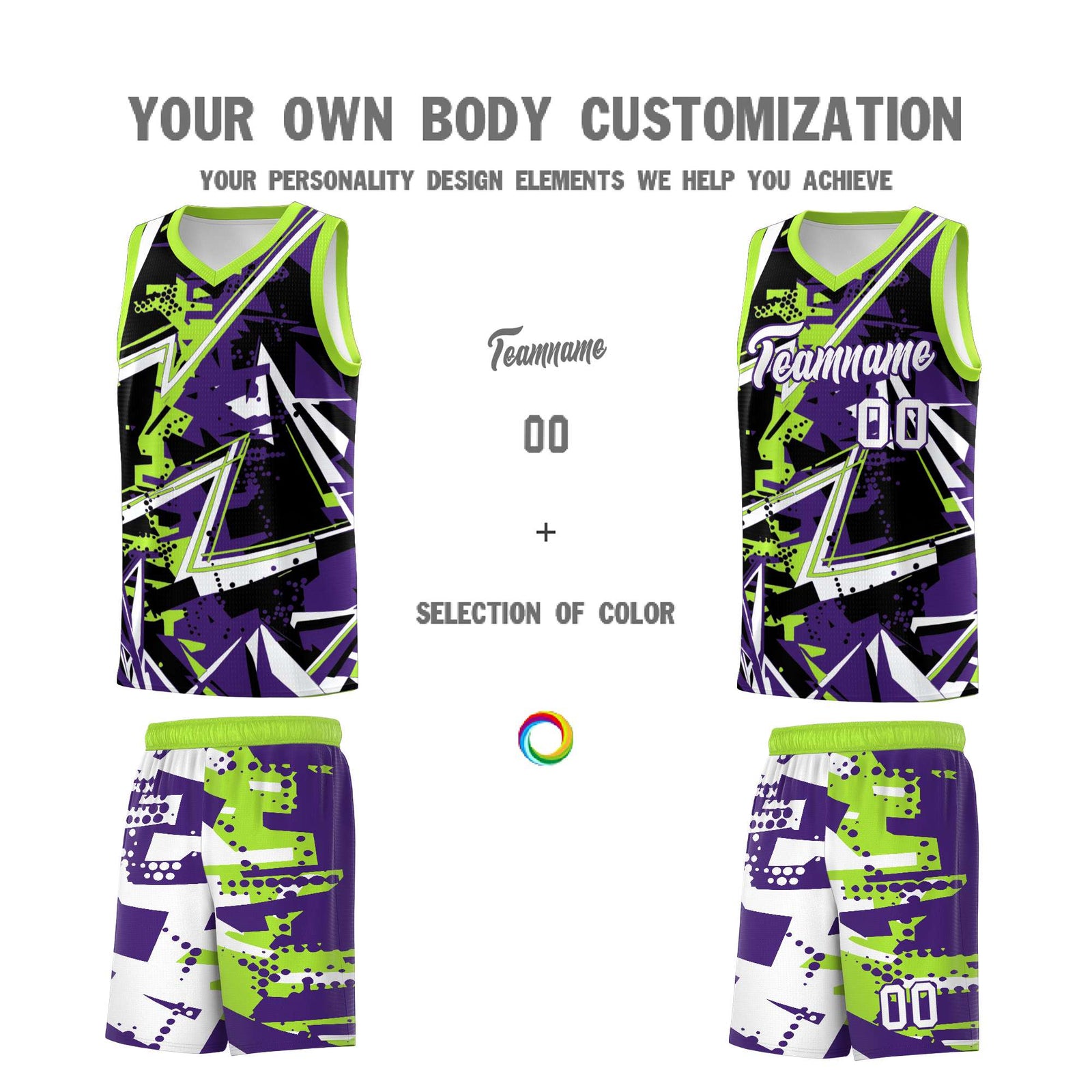 Custom Youth Basketball Jerseys Purple Neon Green Abstract Graffiti Personalized Team Name & Number