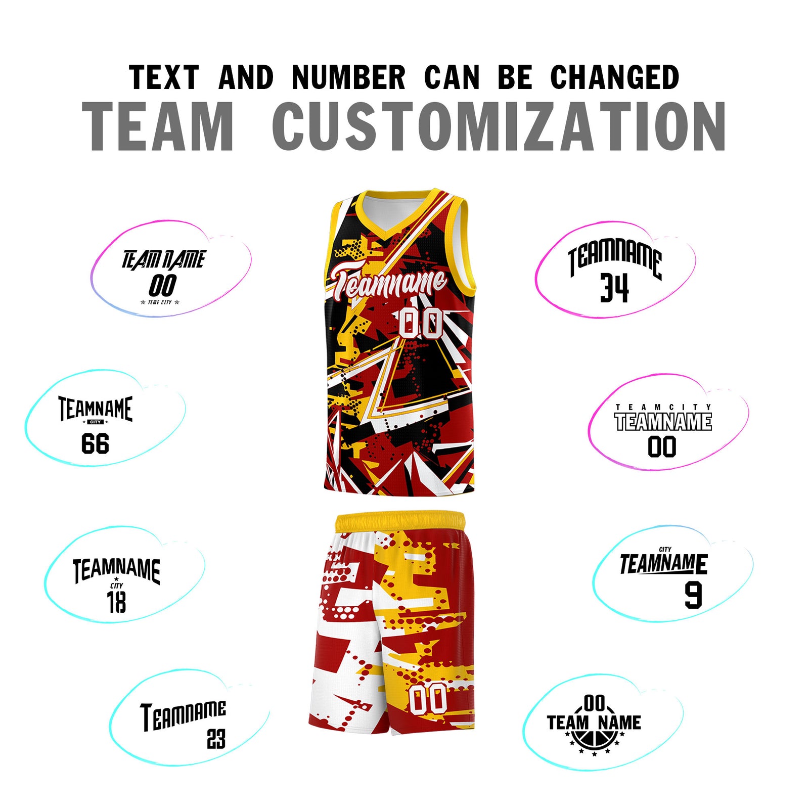 Custom Youth Basketball Jerseys Red Yellow Abstract Graffiti Personalized Street Style Uniform