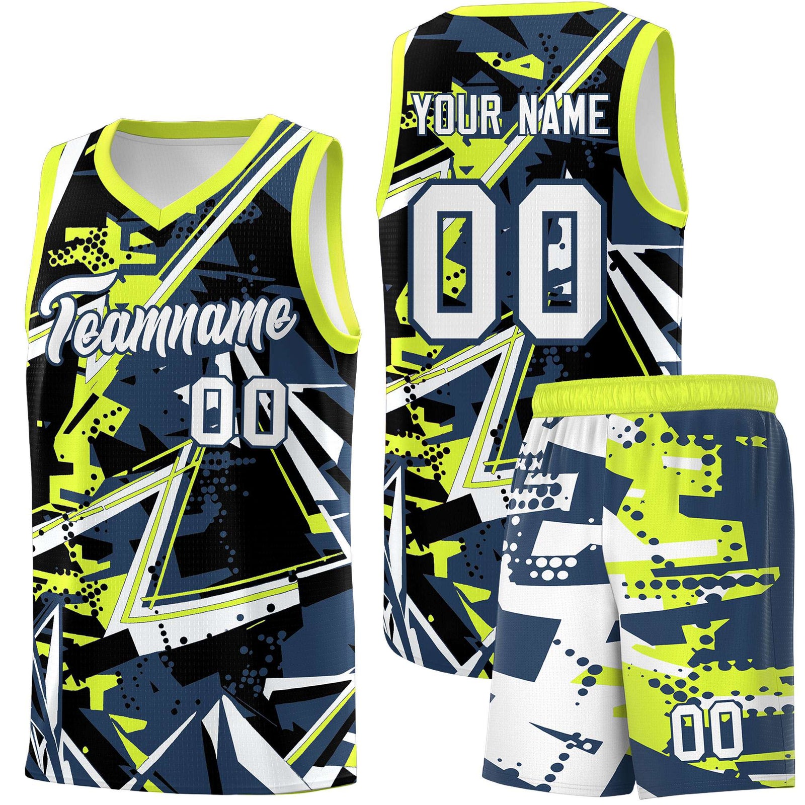 Custom Youth Basketball Jerseys Midnight Blue Fluorescent Green Abstract Graffiti Urban Style Personalized Uniform