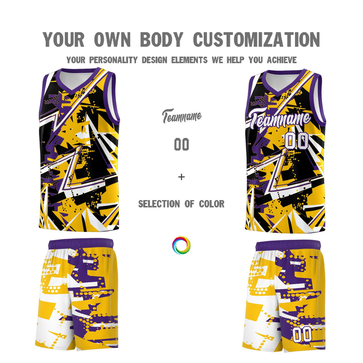 Custom Youth Basketball Jerseys Yellow Purple Abstract Graffiti Personalized Team Name & Number