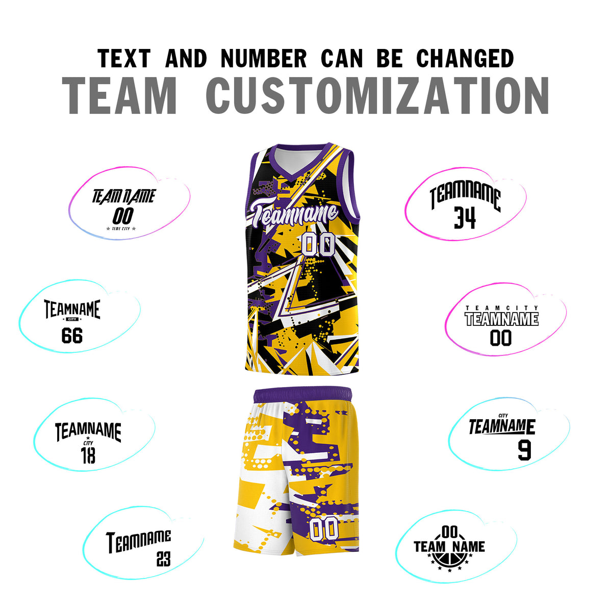 Custom Youth Basketball Jerseys Yellow Purple Abstract Graffiti Personalized Team Name & Number