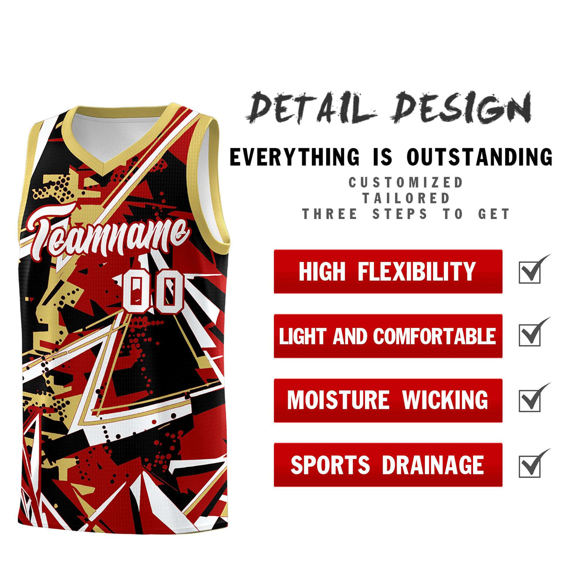 Custom Youth Basketball Jerseys Red Old Gold Abstract Graffiti Personalized Team Name & Number