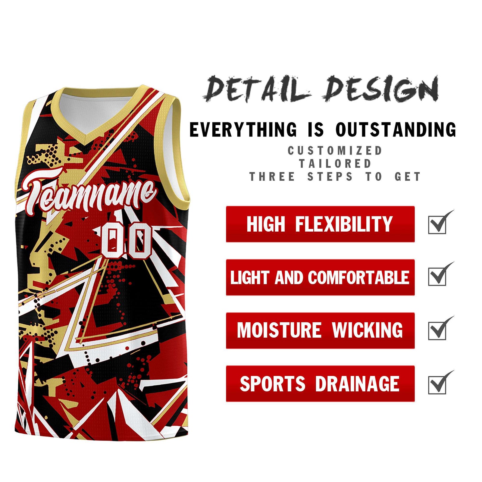 Custom Youth Basketball Jerseys Red Old Gold Abstract Graffiti Personalized Team Name & Number