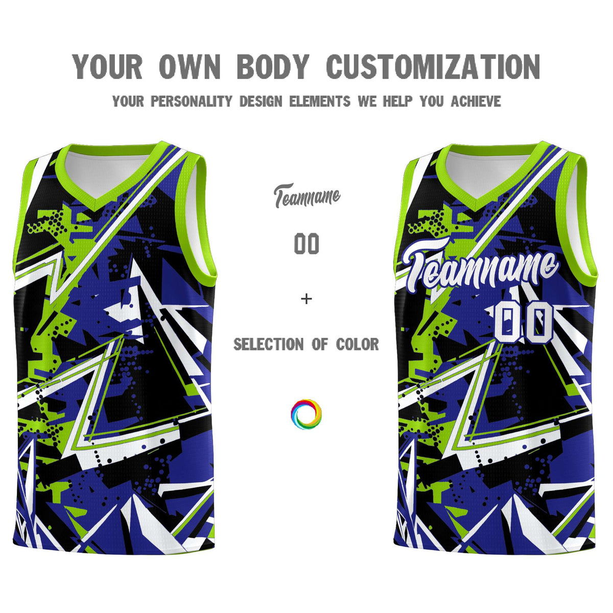 Custom Youth Basketball Jerseys Royal Neon Green Abstract Graffiti Urban Style Personalized Uniform