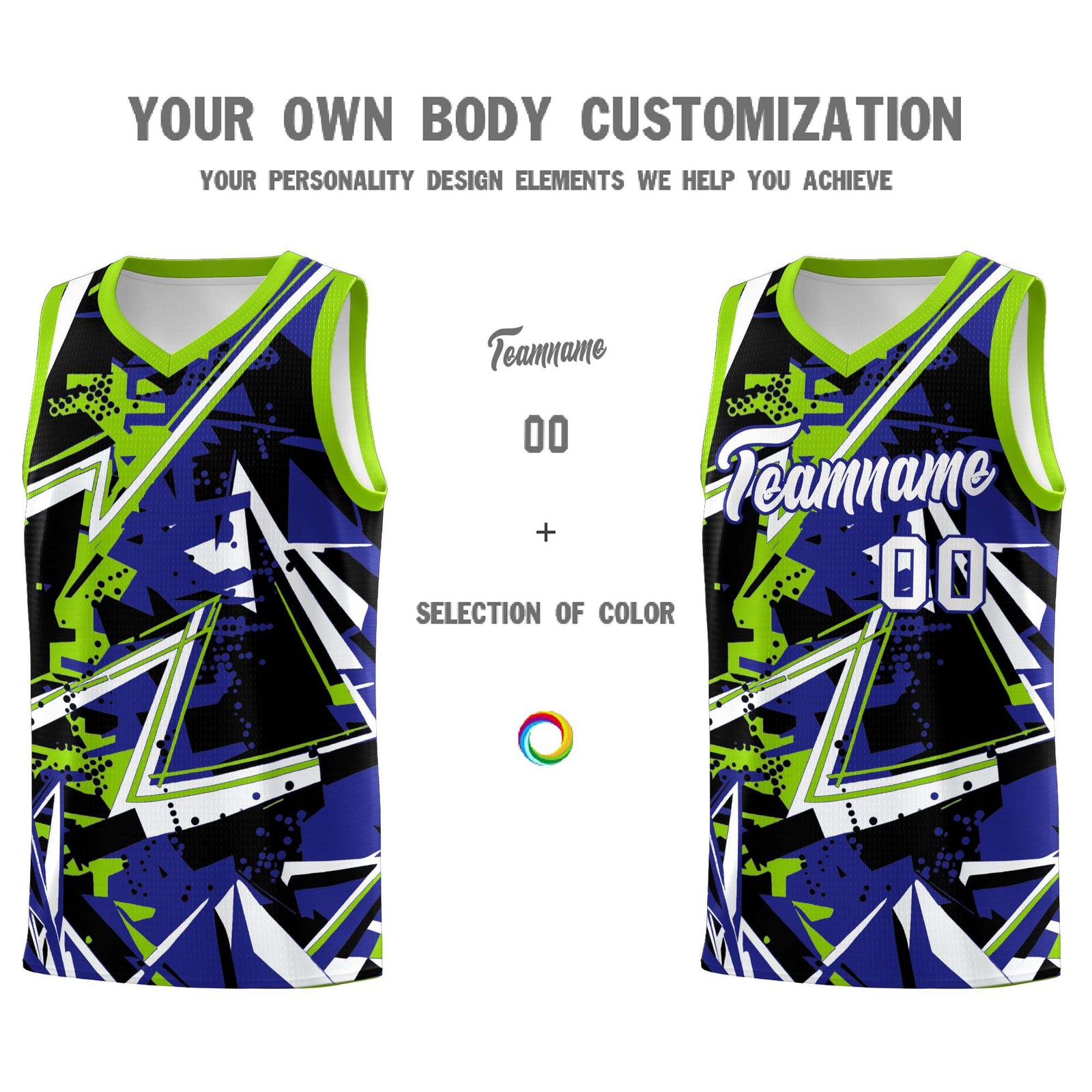 Custom Youth Basketball Jerseys Royal Neon Green Abstract Graffiti Urban Style Personalized Uniform