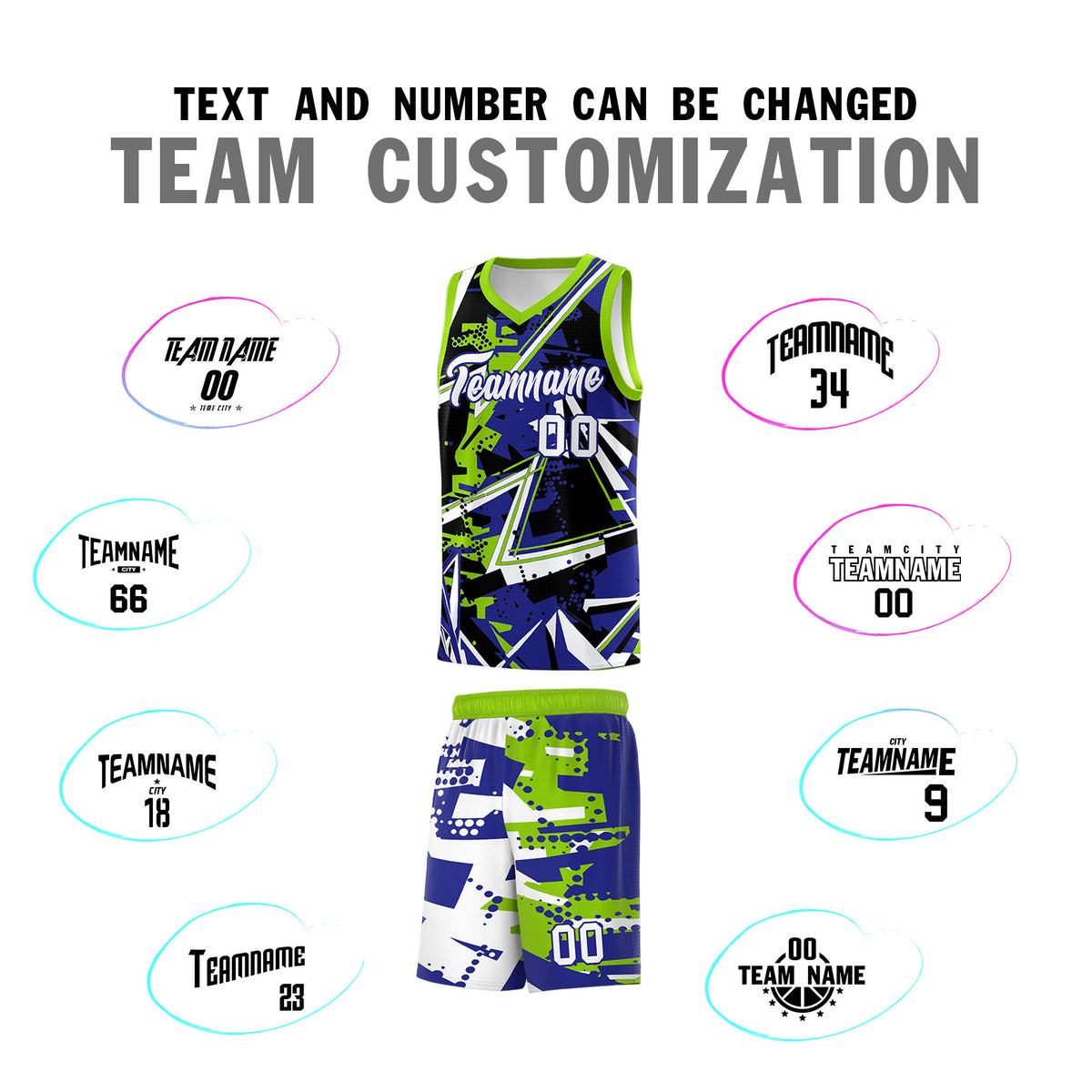 Custom Youth Basketball Jerseys Royal Neon Green Abstract Graffiti Urban Style Personalized Uniform
