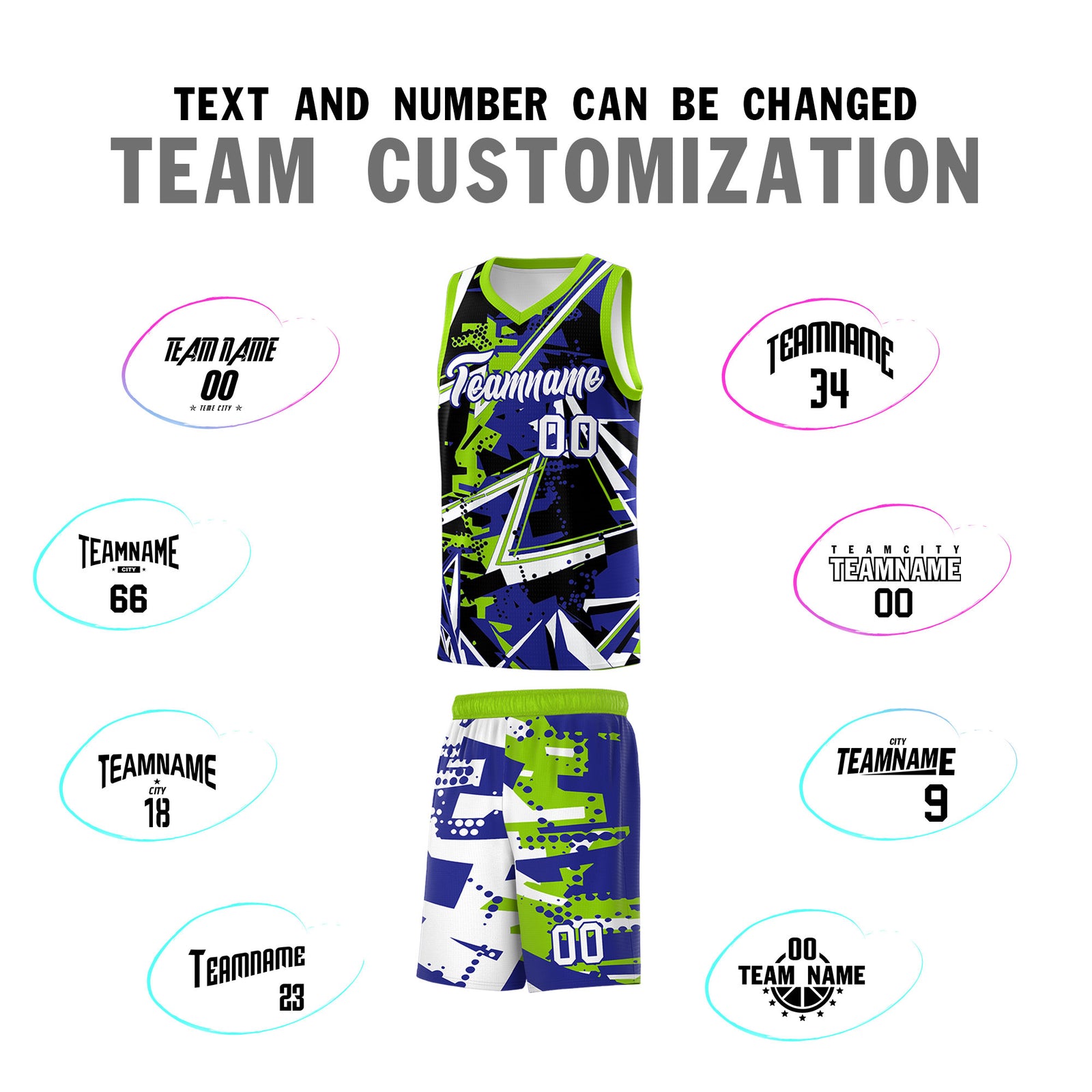 Custom Youth Basketball Jerseys Royal Neon Green Abstract Graffiti Urban Style Personalized Uniform