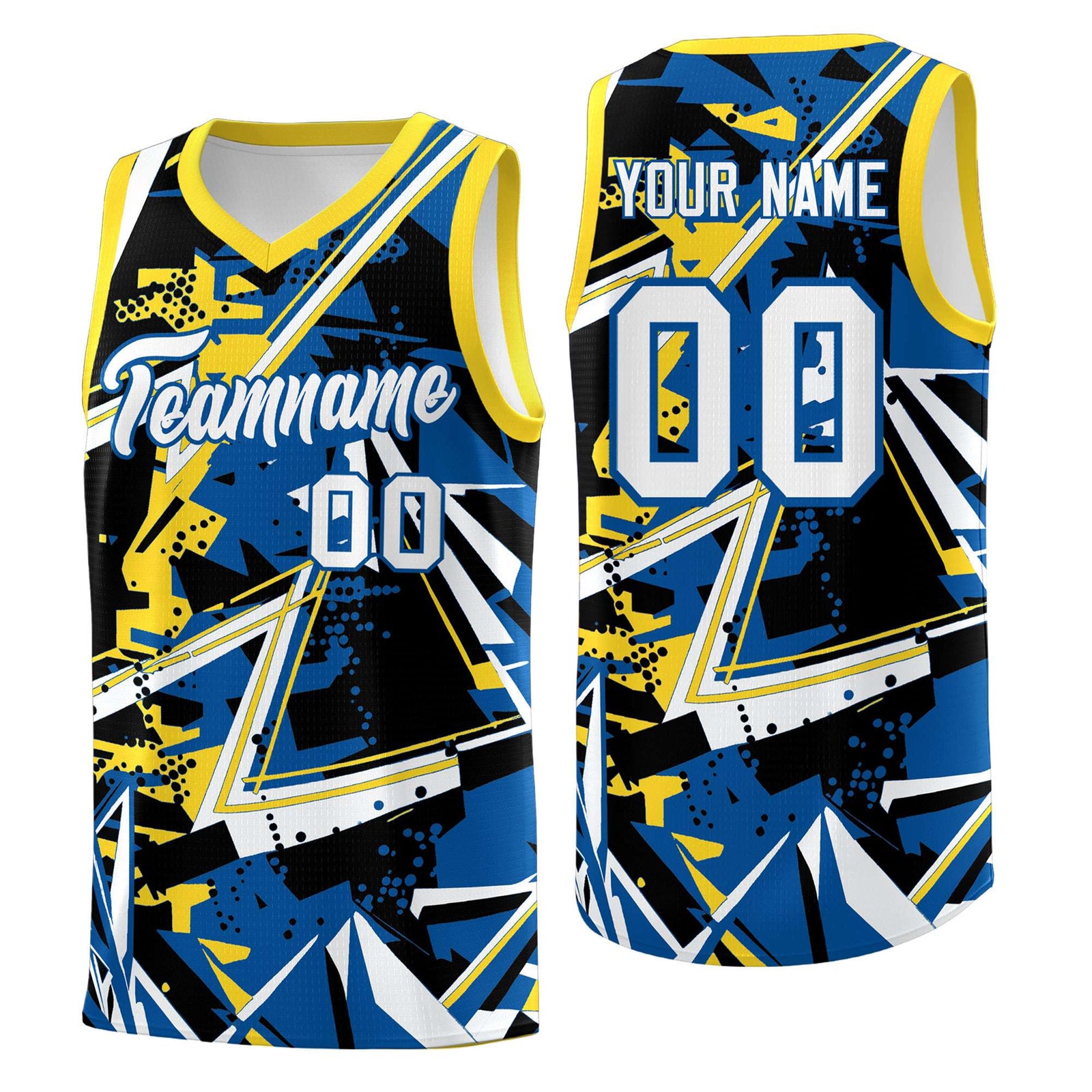 Custom Youth Basketball Jerseys Royal Gold Abstract Graffiti Personalized Team Name & Number