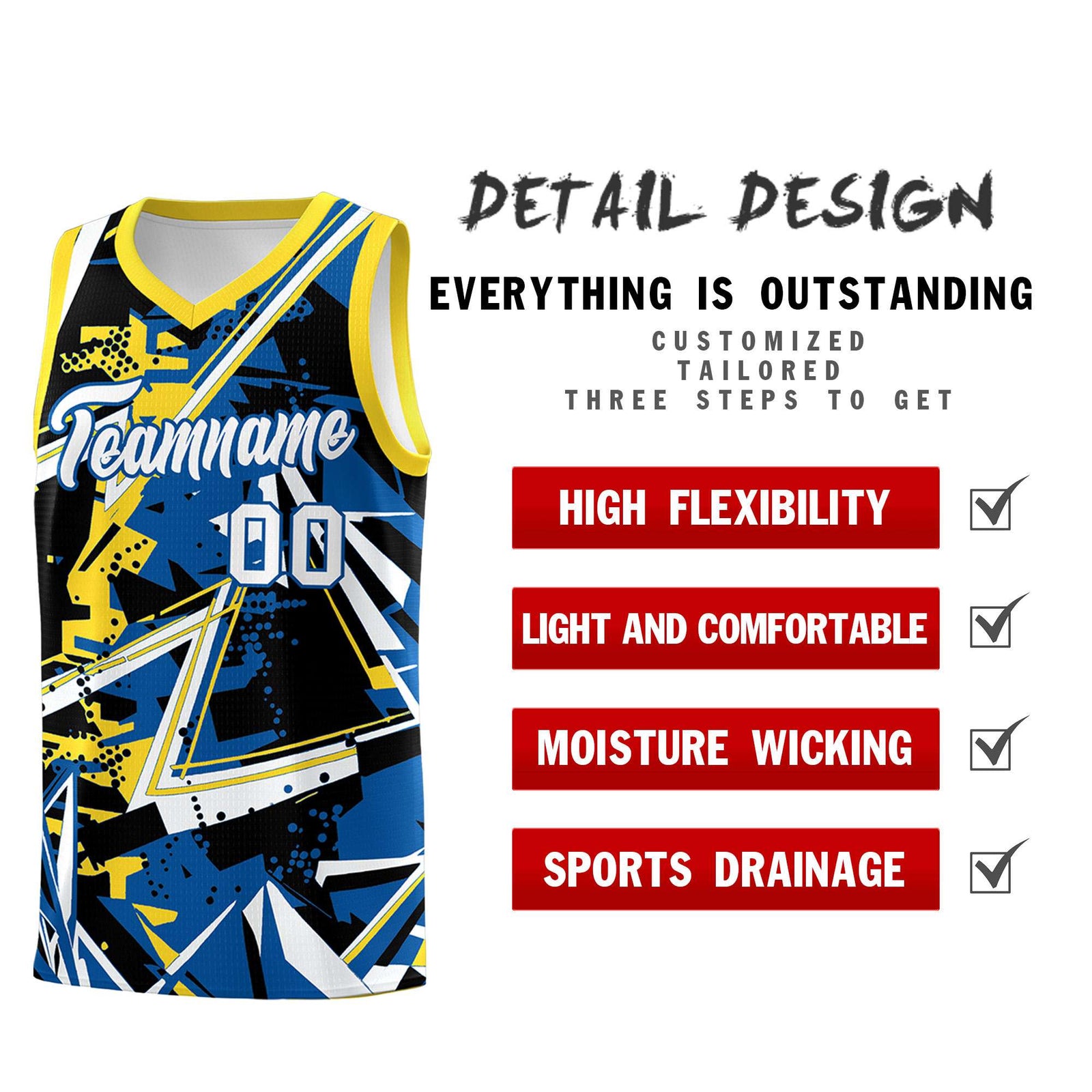Custom Youth Basketball Jerseys Royal Gold Abstract Graffiti Personalized Team Name & Number