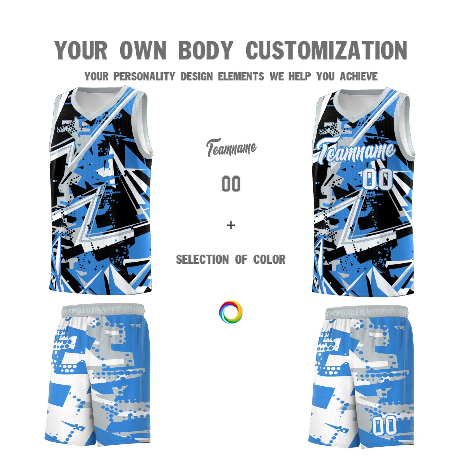 Custom Youth Basketball Jerseys Light Blue Silver Abstract Graffiti Personalized Team Name & Number