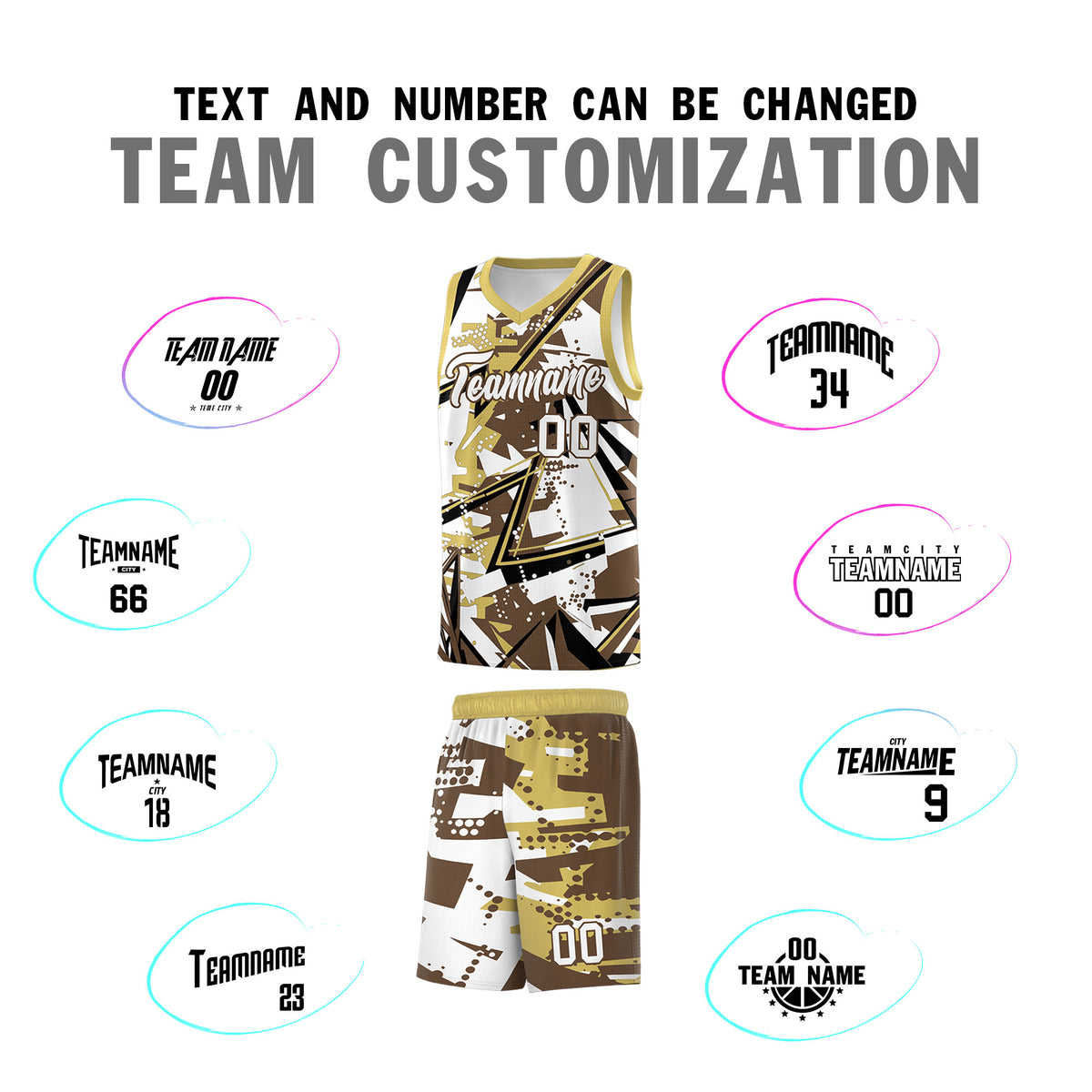 Custom Youth Basketball Jerseys Light Brown Old Gold Abstract Graffiti Personalized Team Name & Number