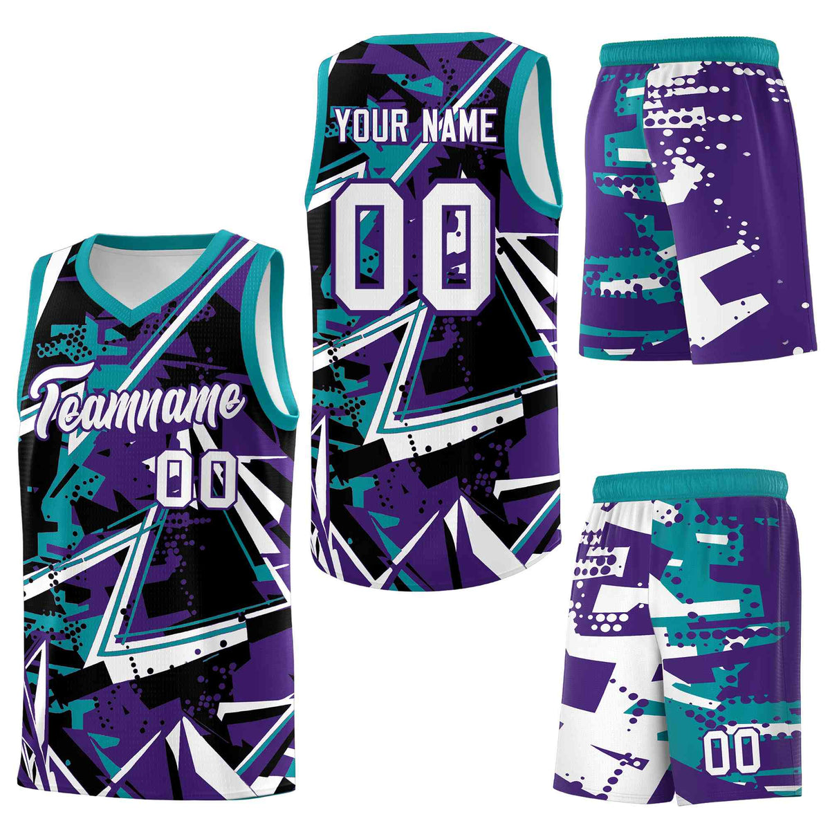 Custom Youth Basketball Jerseys Purple Teal Abstract Graffiti Urban Style Personalized Uniform
