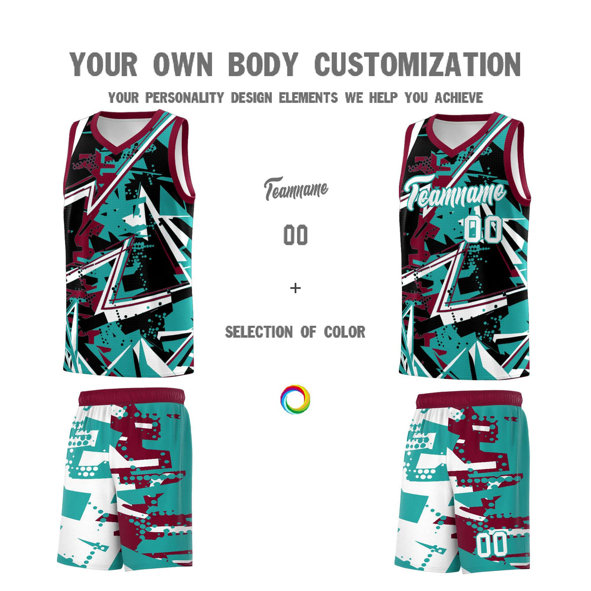 Custom Youth Basketball Jerseys Teal Crimson Abstract Graffiti Personalized Team Name & Number