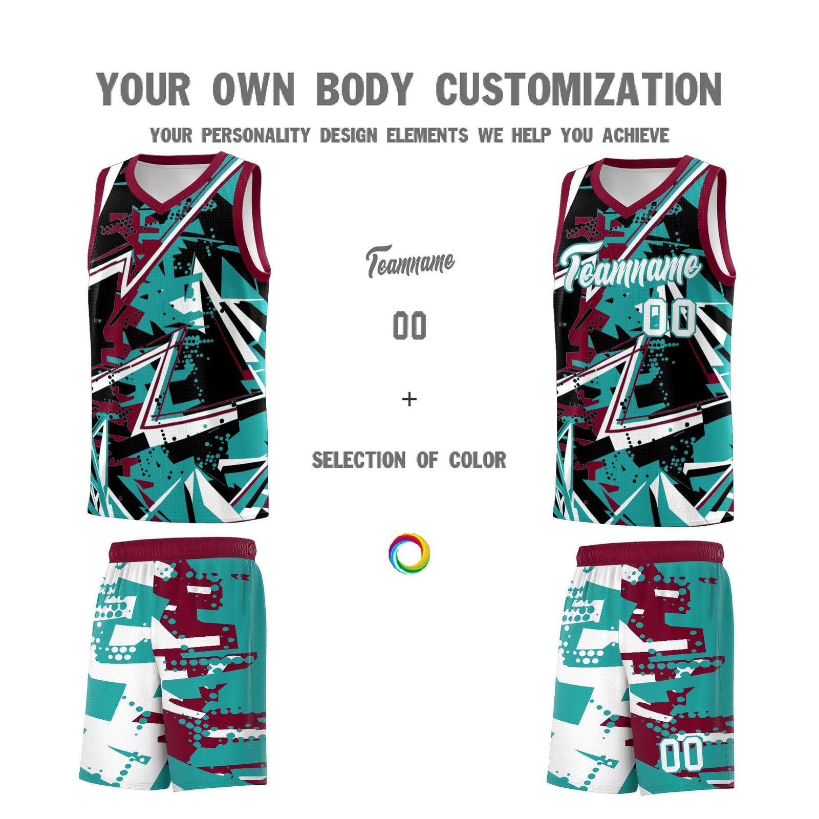 Custom Youth Basketball Jerseys Teal Crimson Abstract Graffiti Personalized Team Name & Number