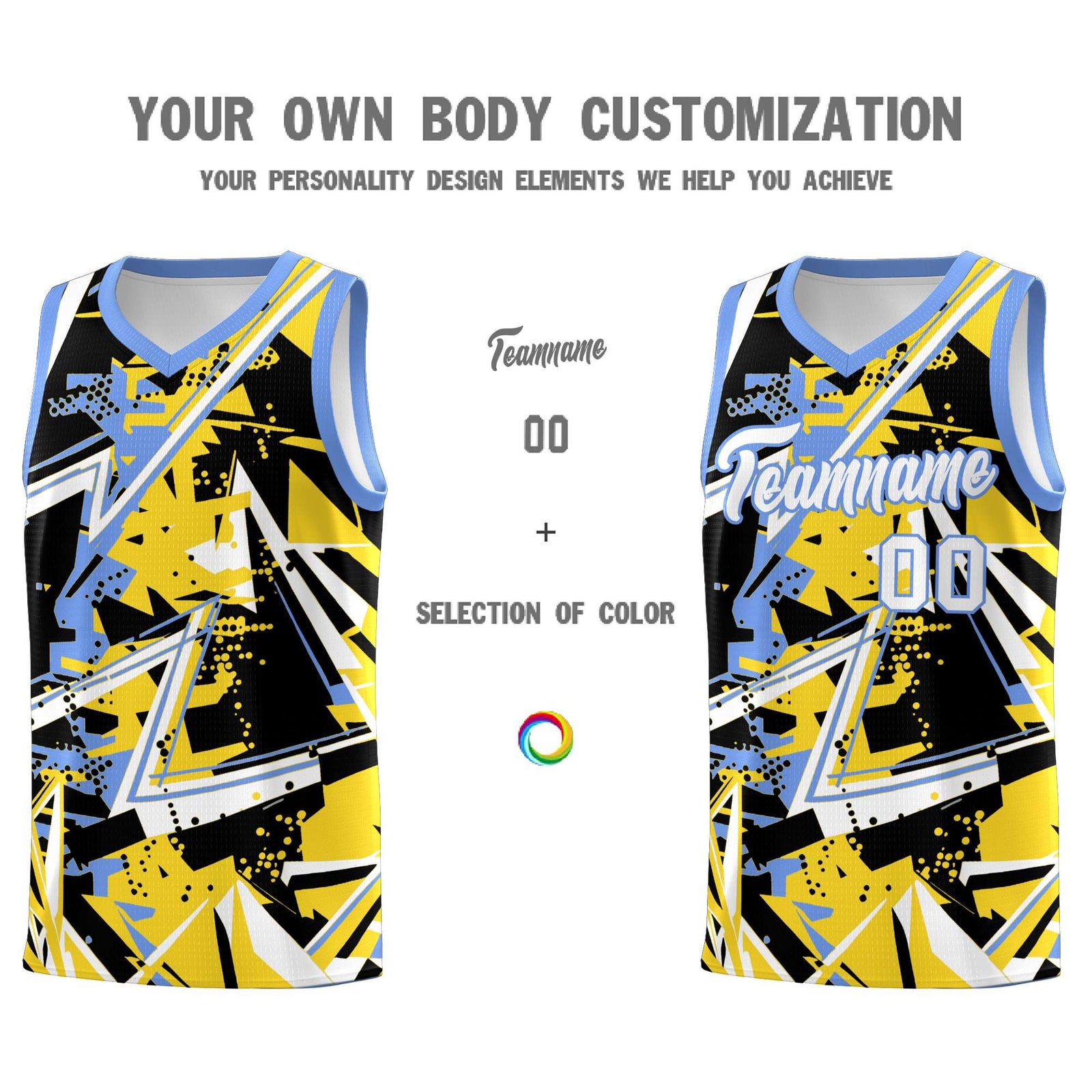 Custom Youth Basketball Jerseys Gold Light Blue Abstract Graffiti Urban Style Personalized Uniform