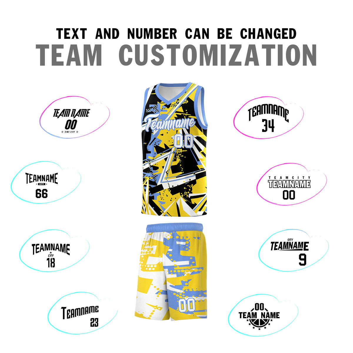 Custom Youth Basketball Jerseys Gold Light Blue Abstract Graffiti Urban Style Personalized Uniform