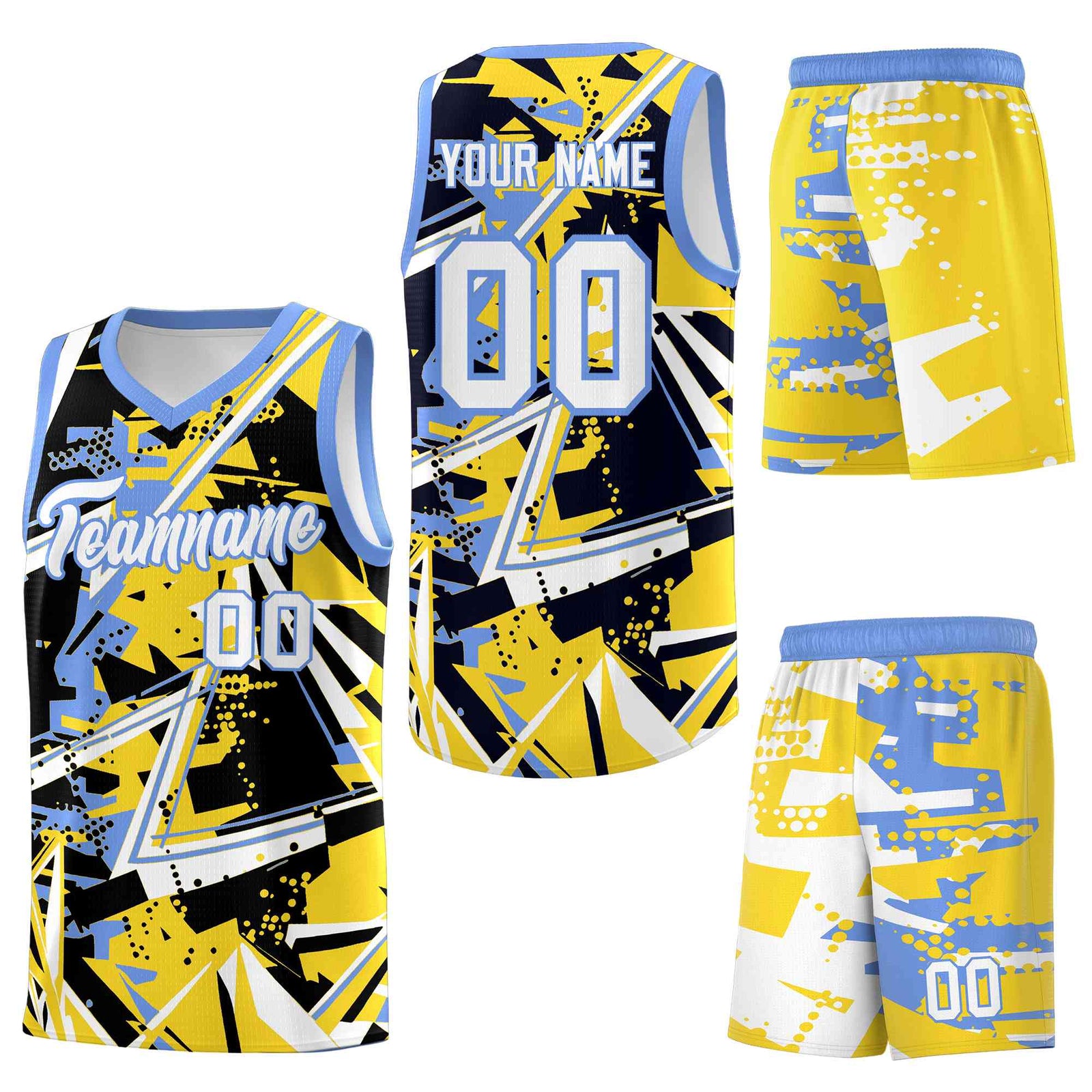 Custom Youth Basketball Jerseys Gold Light Blue Abstract Graffiti Urban Style Personalized Uniform
