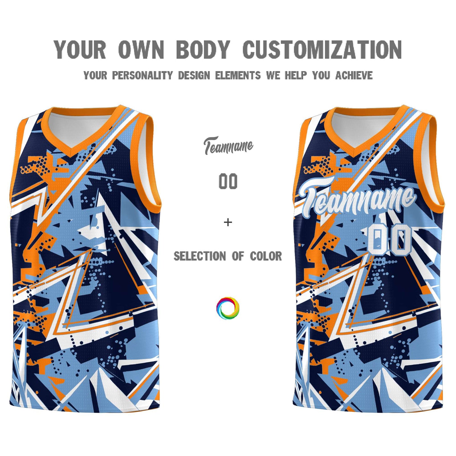 Custom Youth Basketball Jerseys Powder Blue Orange Abstract Graffiti Personalized Team Name & Number