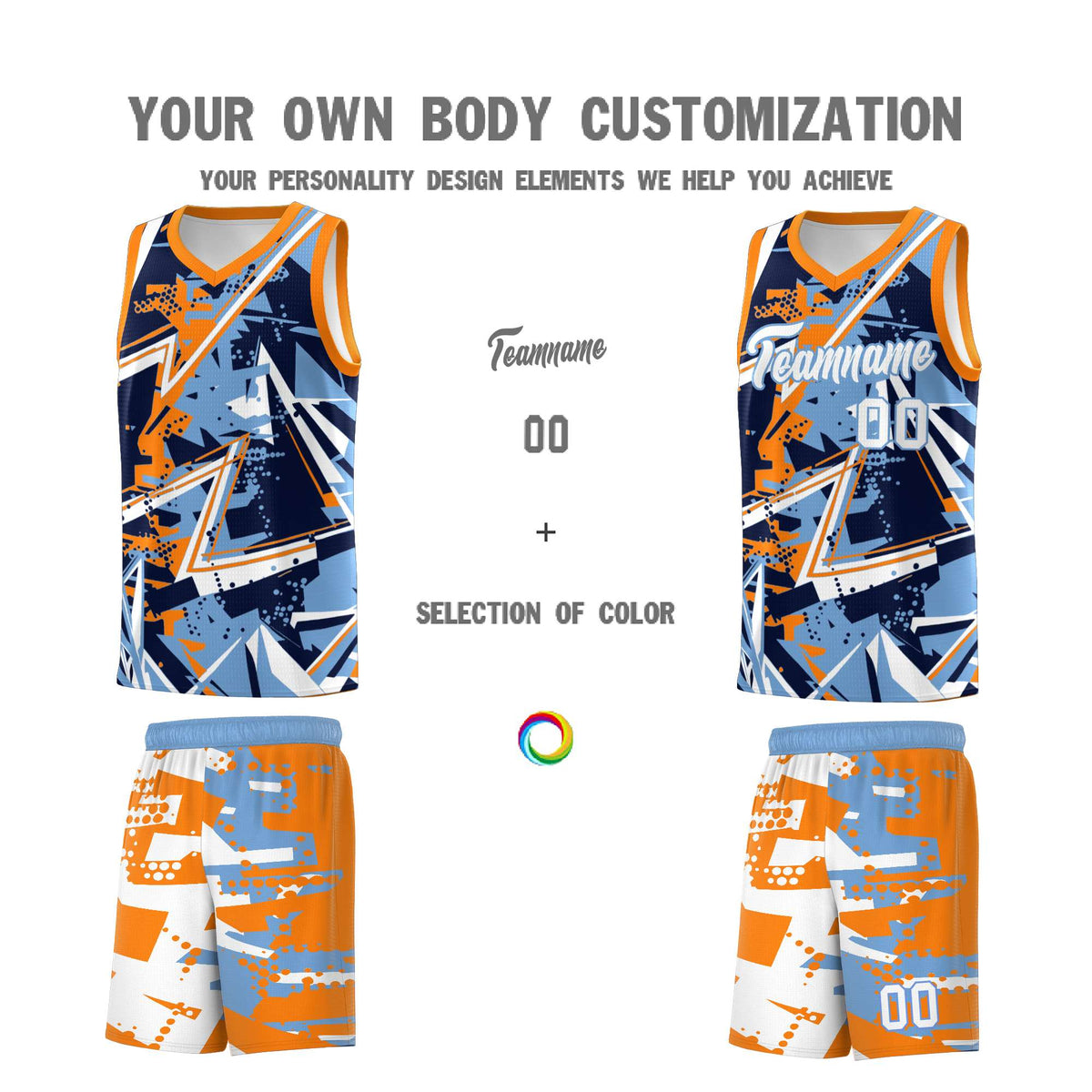 Custom Youth Basketball Jerseys Powder Blue Orange Abstract Graffiti Personalized Team Name & Number