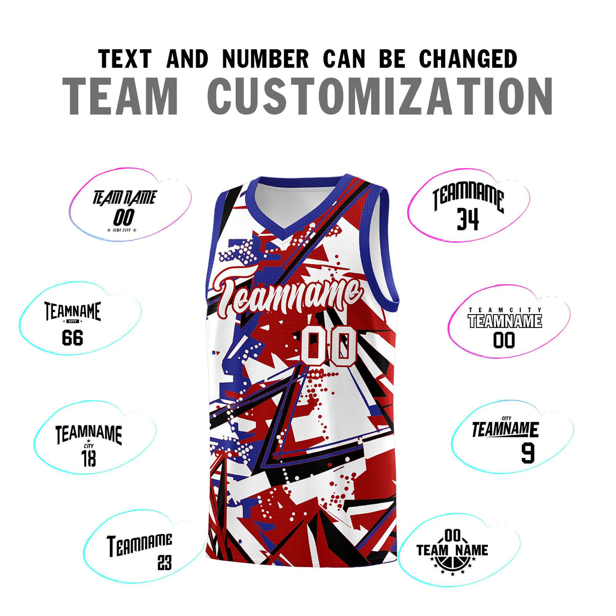 Custom Youth Basketball Jerseys Red Royal Abstract Graffiti Personalized Street Style Uniform