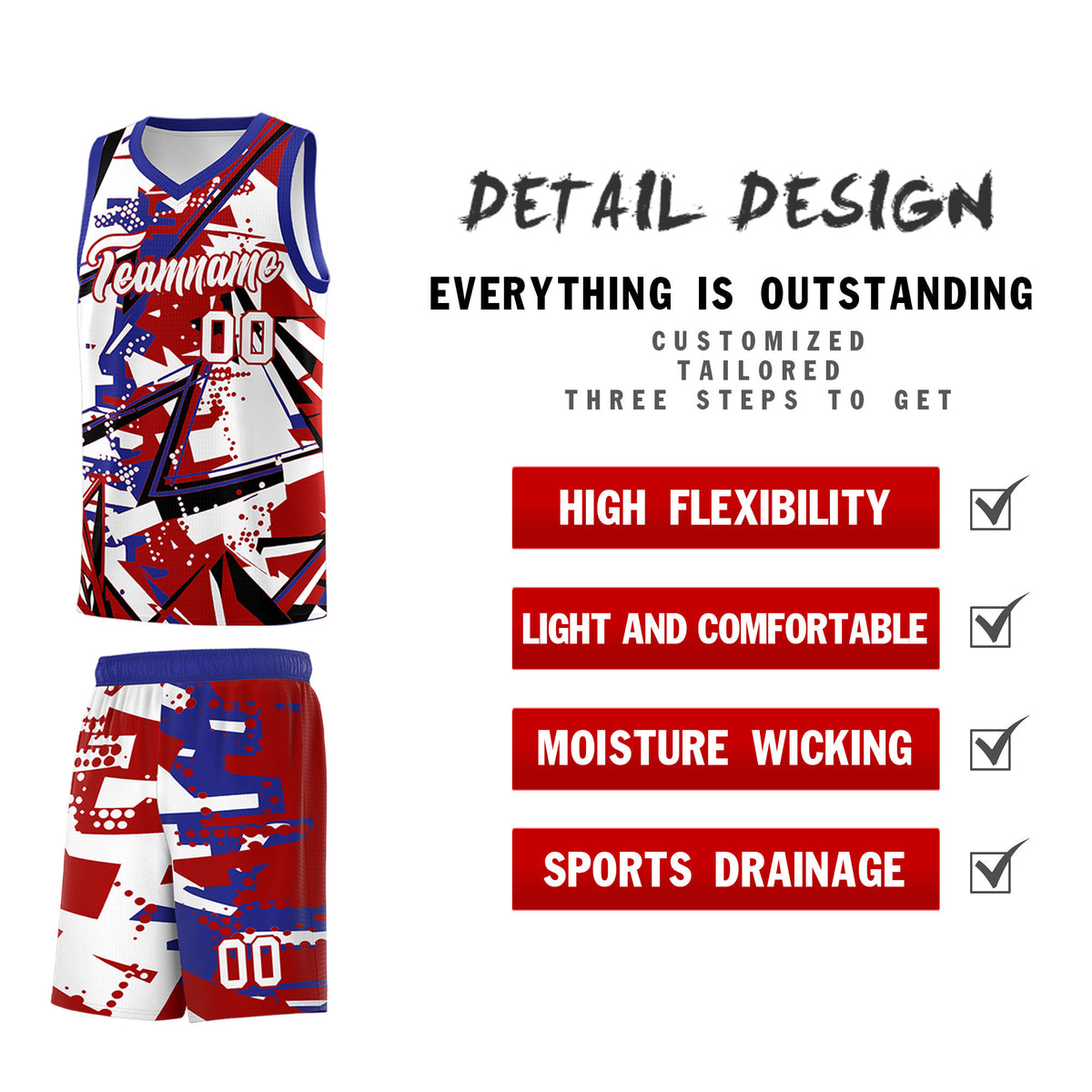 Custom Youth Basketball Jerseys Red Royal Abstract Graffiti Personalized Street Style Uniform