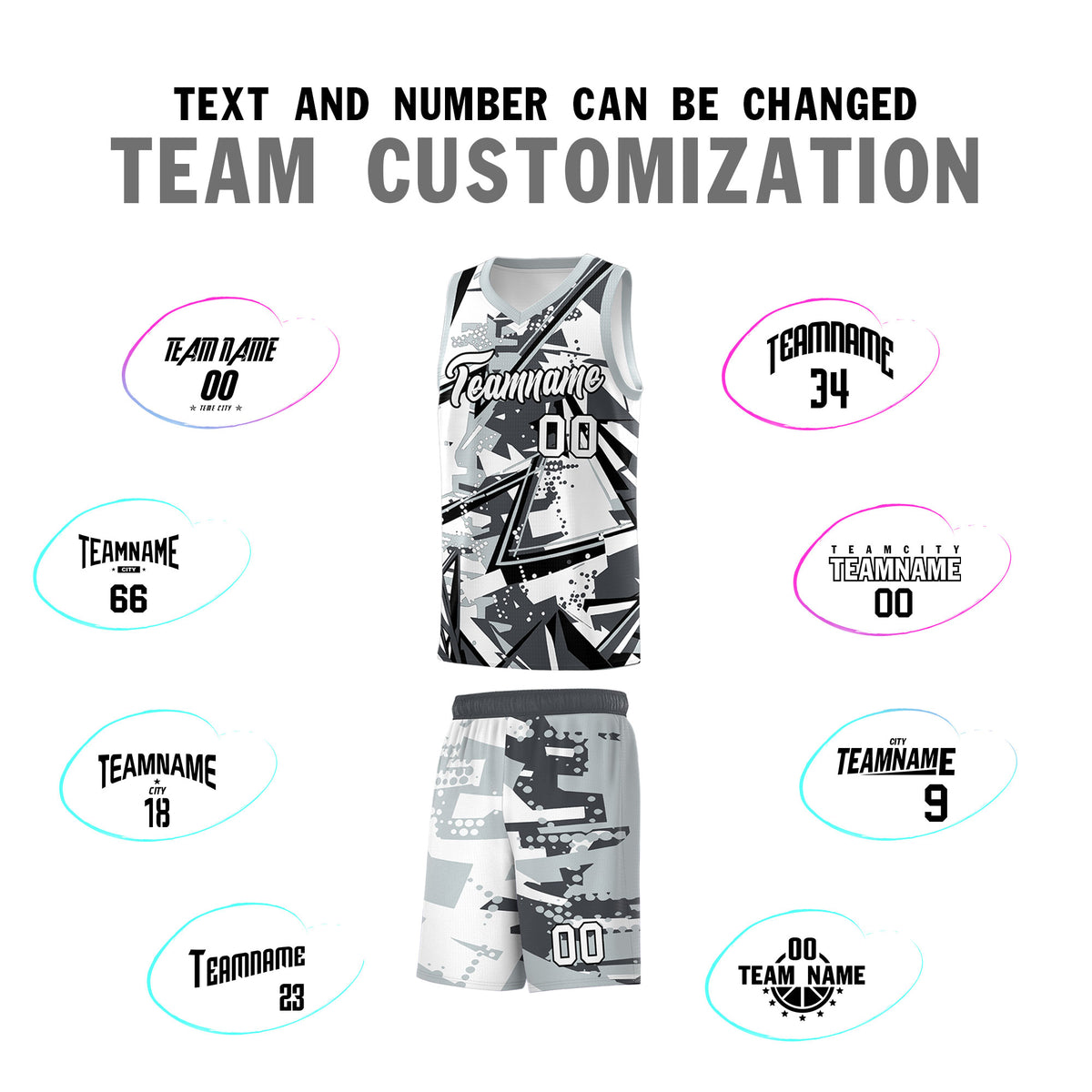 Custom Youth Basketball Jerseys Gray Silver Abstract Graffiti Personalized Team Name & Number