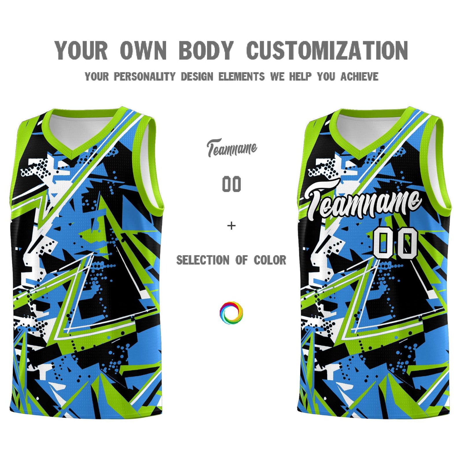 Custom Youth Basketball Jerseys Light Blue Neon Green Abstract Graffiti Personalized Street Style Uniform
