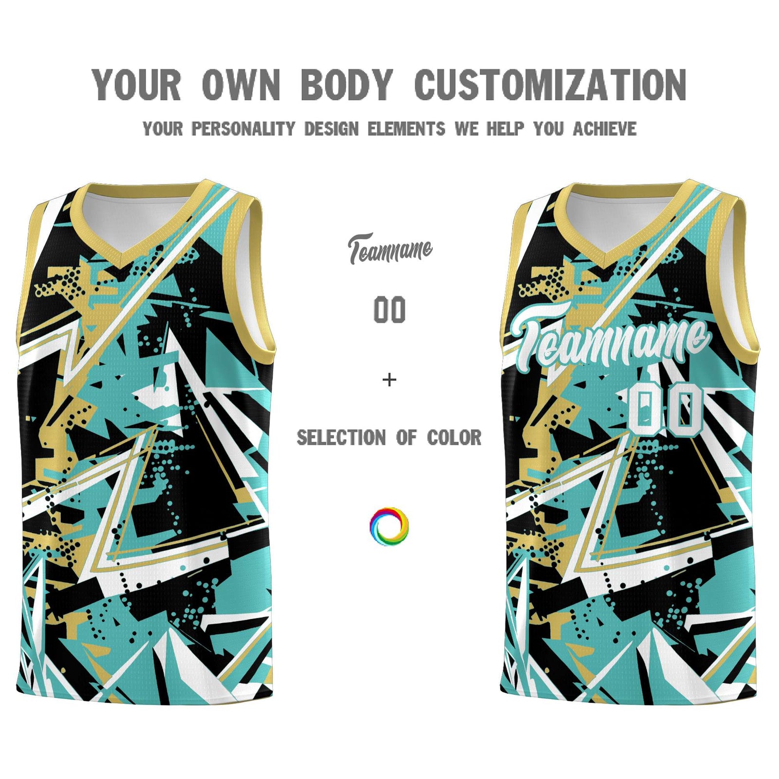 Custom Youth Basketball Jerseys Teal Old Gold Abstract Graffiti Personalized Street Style Uniform
