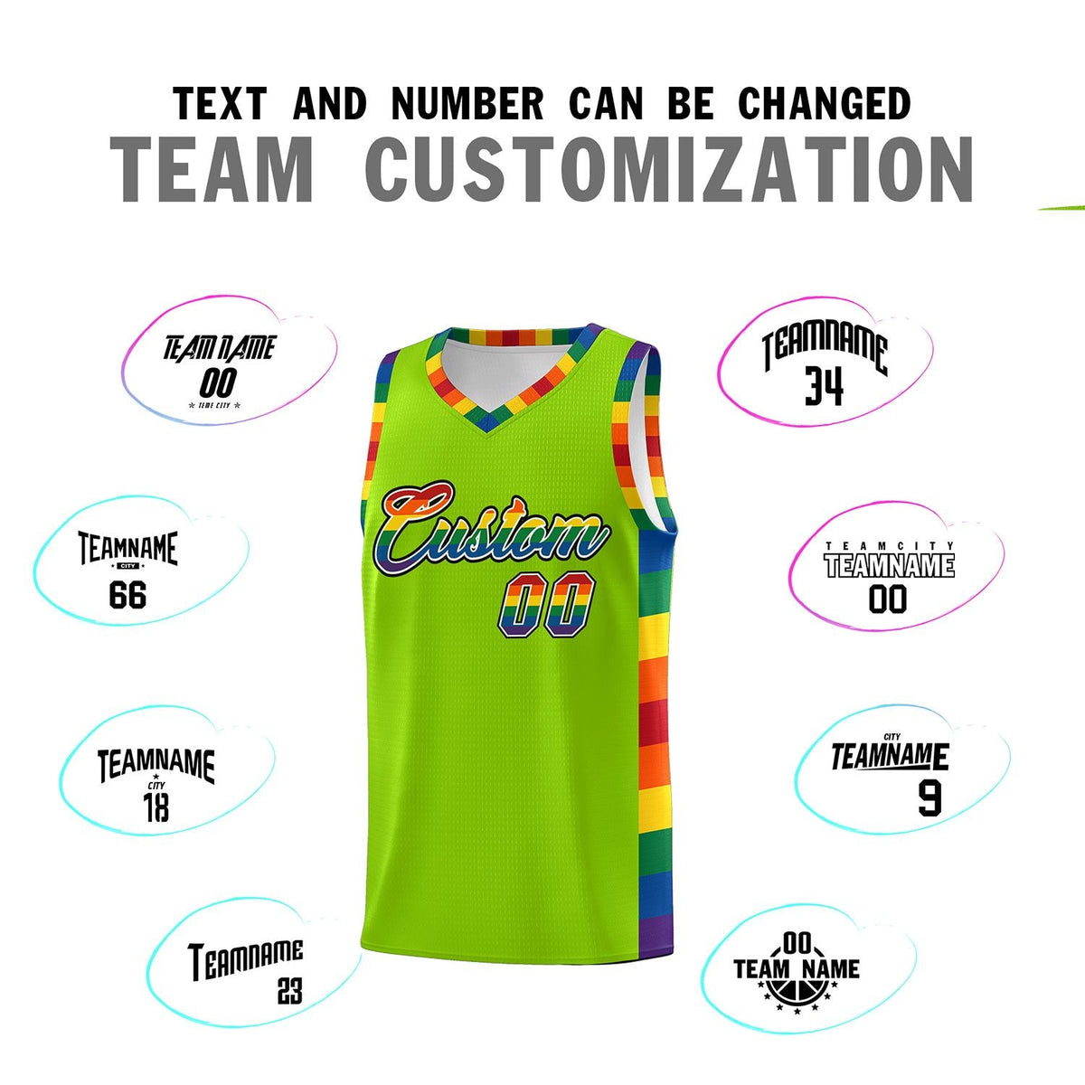 Custom Neon Green LGBT Rainbow For Pride Month Sports Uniform Basketball Jersey