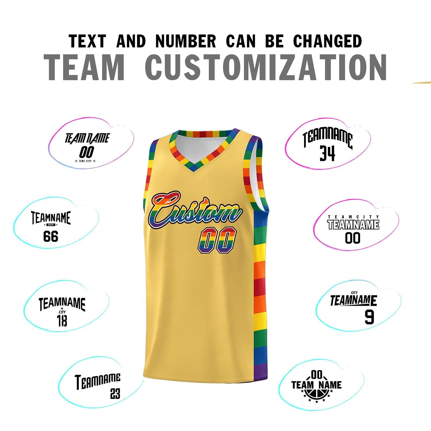 Custom Old Gold LGBT Rainbow For Pride Month Sports Uniform Basketball Jersey