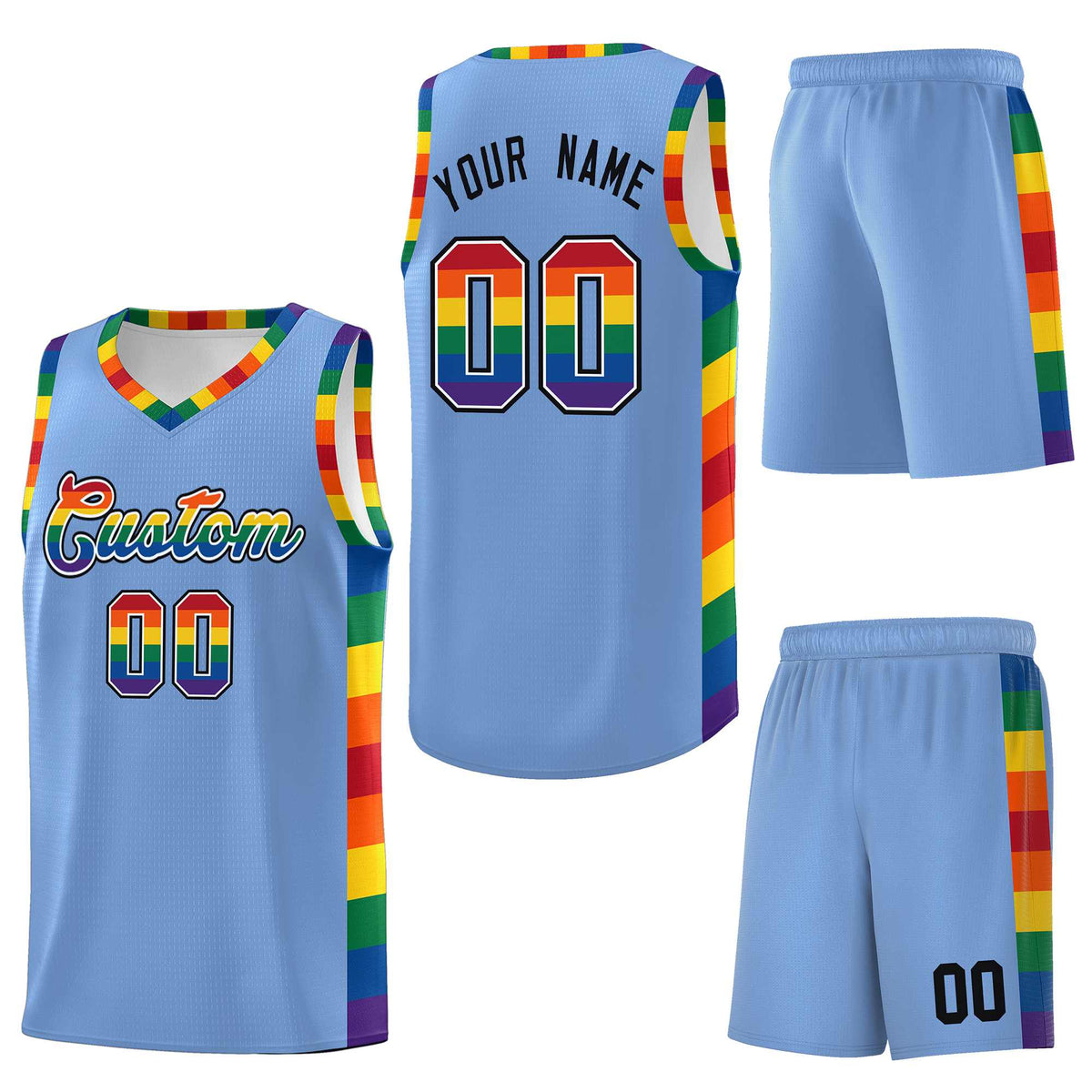 Custom Light Blue LGBT Rainbow For Pride Month Sports Uniform Basketball Jersey