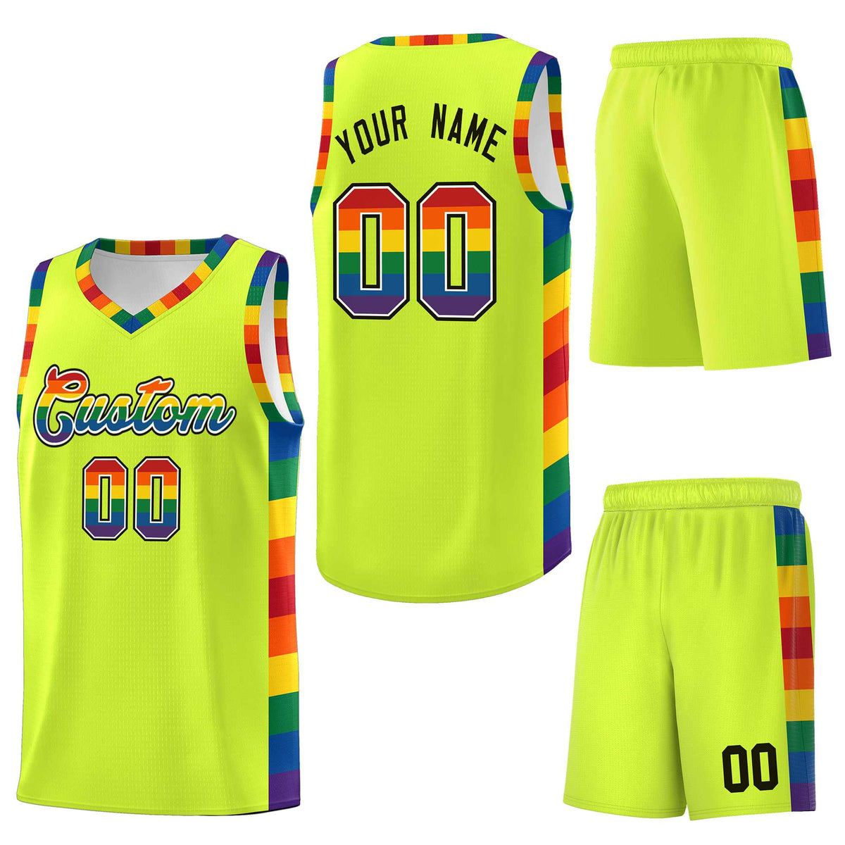 Custom Fluorescent Green LGBT Rainbow For Pride Month Sports Uniform Basketball Jersey