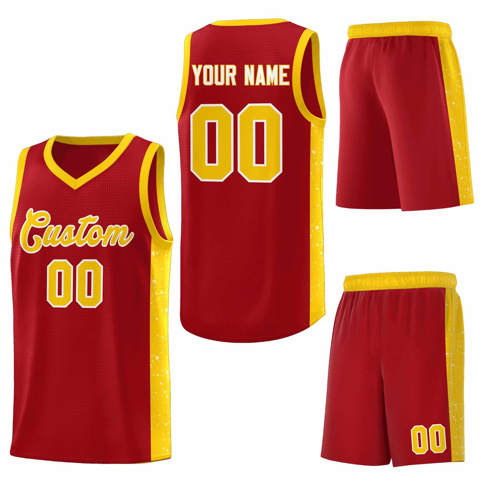 Custom Red Gold-White Side Splash Sports Uniform Basketball Jersey